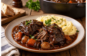 Joue de bœuf confite : une recette fondante mijotée au vin rouge